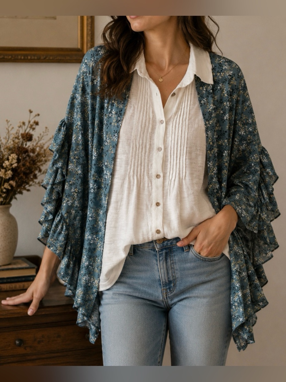 POL Floral Ruffle Kimono Wrap - Blue
